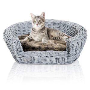 Elevated Cushioned Willow Rattan Pet Basket Bed - Grey - Cotton/Wood/Polyester